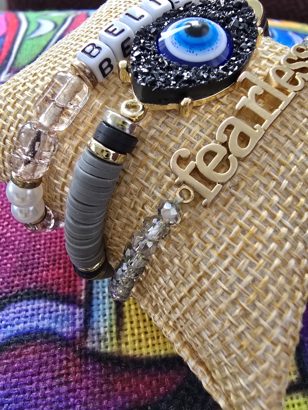 Fearless Evil Eye Druzy Bracelet Stack Set 🧿✨ Gold + Neutral Mixed Media - Picture 2 of 5